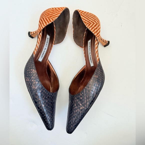 Manolo Blahnik Copper Brown Snakeskin Chevron Fabric D'Orsay Tyler Pump EU 37 - Picture 5 of 9